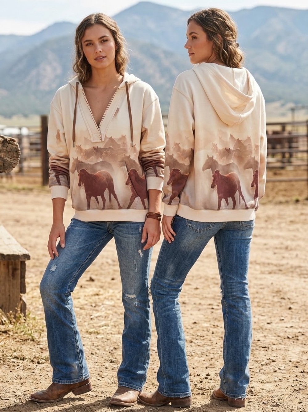 Shyanne Cream & Brown Horse-Print Hooded V-Neck Pullover